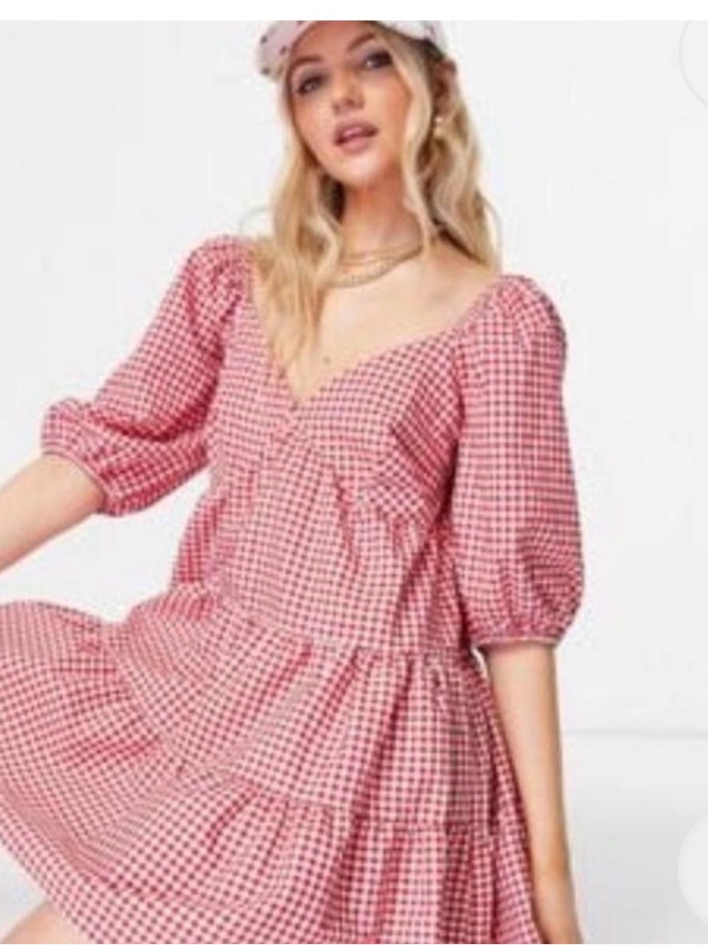Red White Gingham Puff Sleeve Babydoll Mini Dress Cottagecore‎ Romantic Size 10